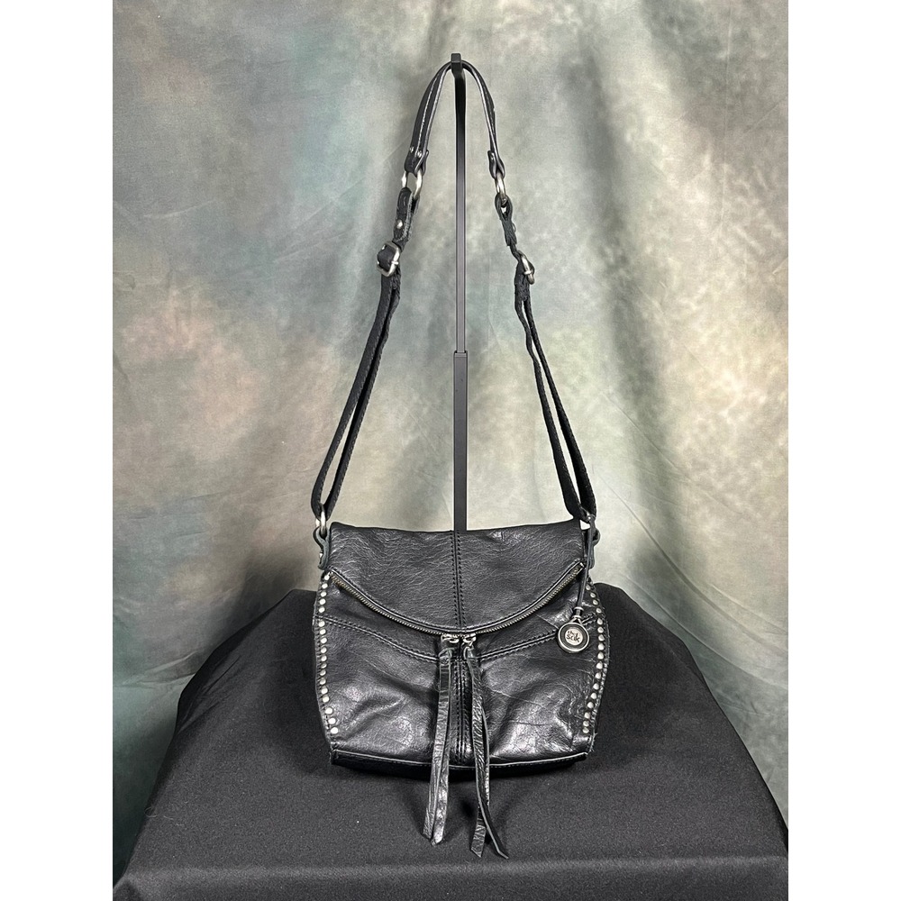 The Sak Black Leather Studded Crossbody Bag Adjustable Strap Tassel Zip Flap